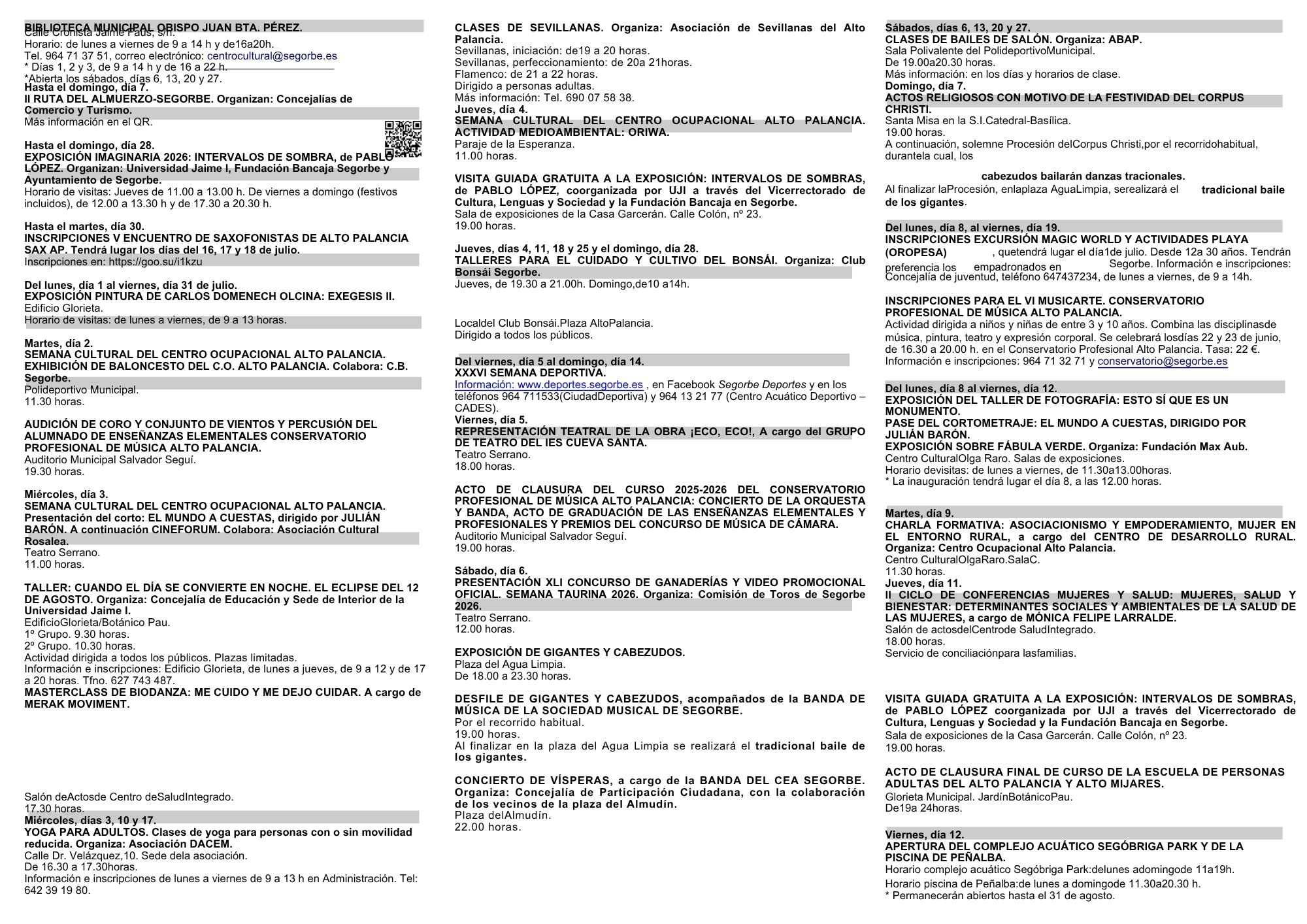 AGENDA CULTURAL DE JUNIO EN SEGORBE