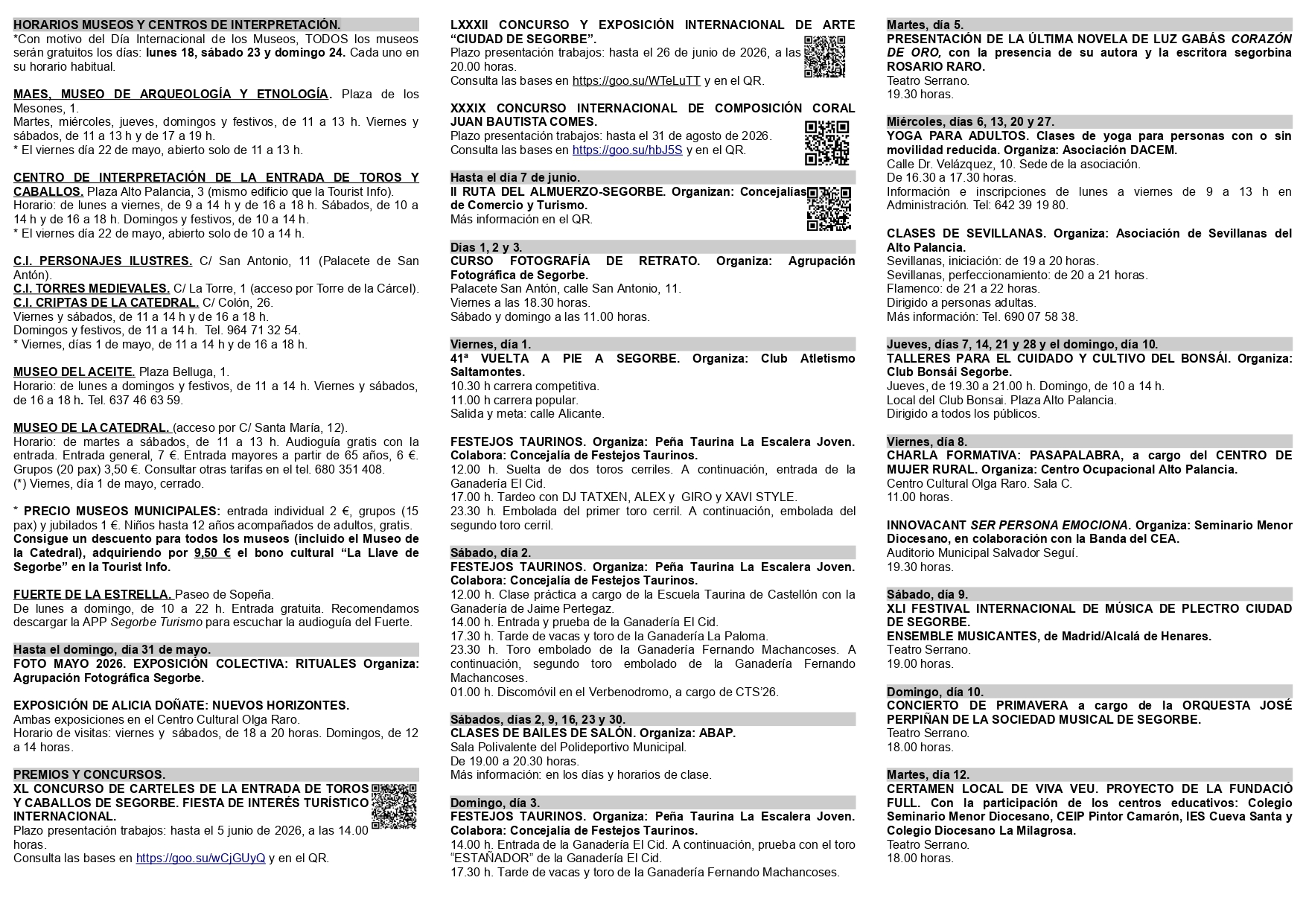 AGENDA CULTURAL DE MAYO EN SEGORBE