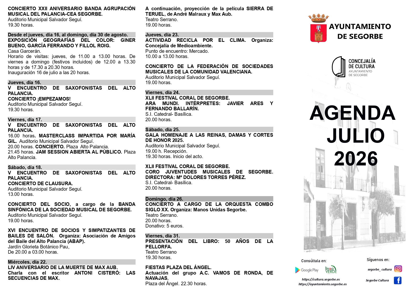 AGENDA CULTURAL DE JULIO EN SEGORBE
