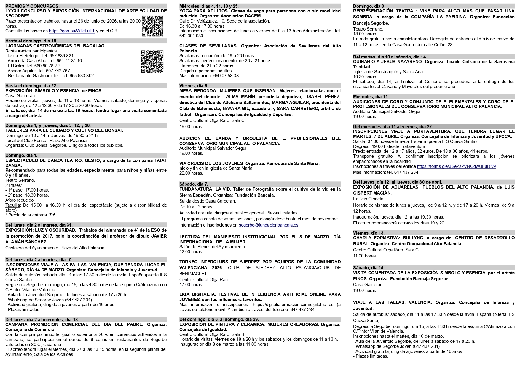 AGENDA CULTURAL DE MARZO EN SEGORBE