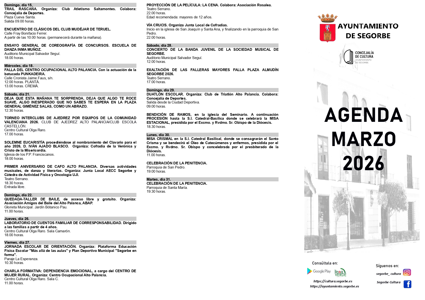 AGENDA CULTURAL DE MARZO EN SEGORBE