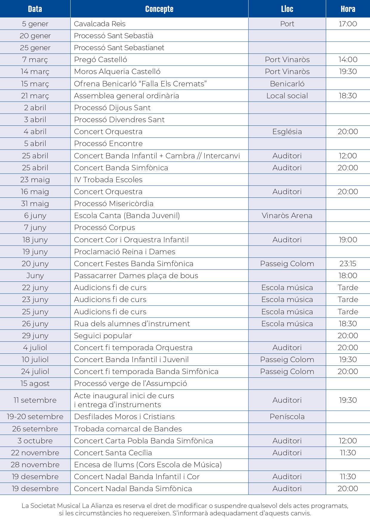 Vinaròs Calendario anual Banda de Música de la Alianza