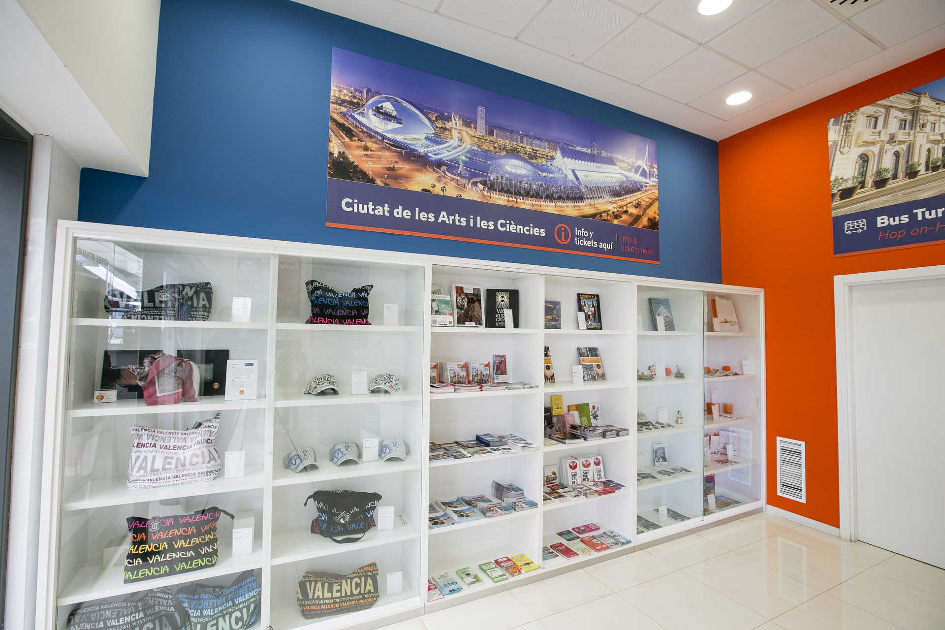 Shelf with brochures and products